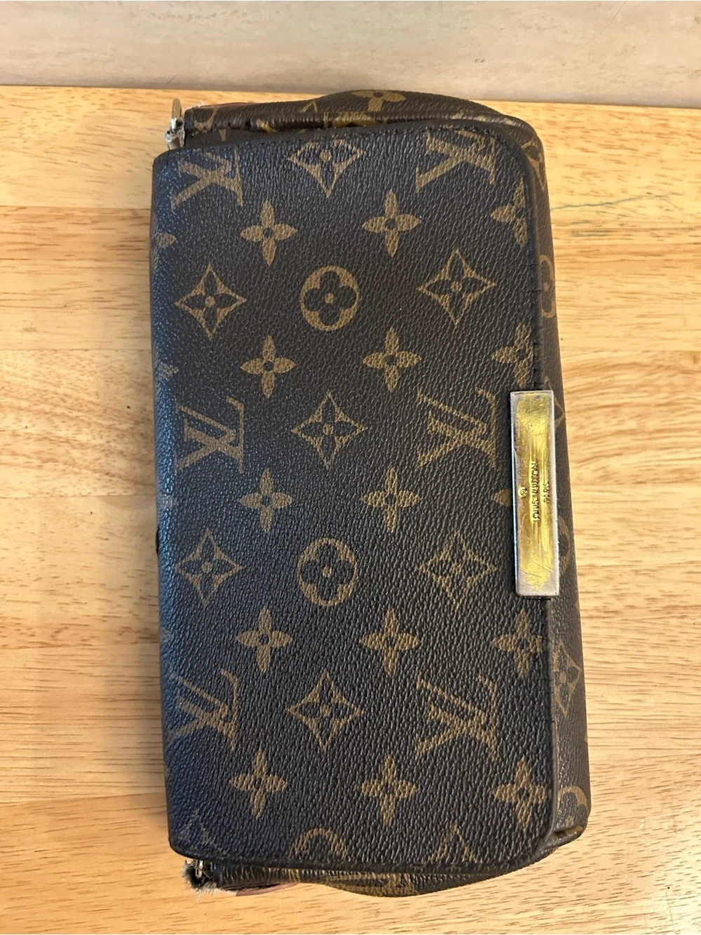 Designer Inspired Brown Monogram Canvas Clutch with Gold Plaque